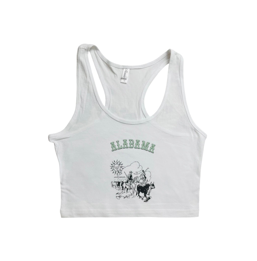 White Alabama cropped racerback tank with “Alabama” and a western cowboy scene printed across the front.