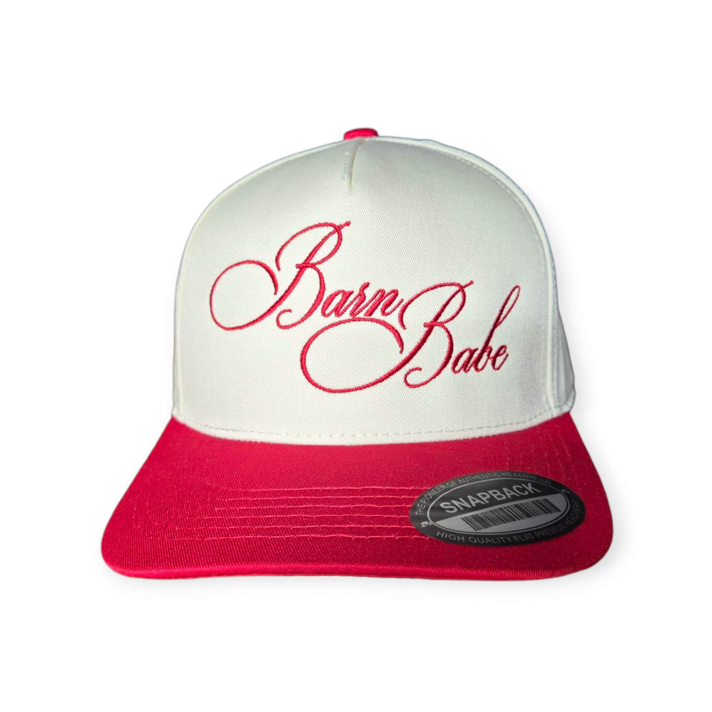This is a Barn Babe V1 structured hat in red beige with a red embroidered design on the front panel, facing forward.