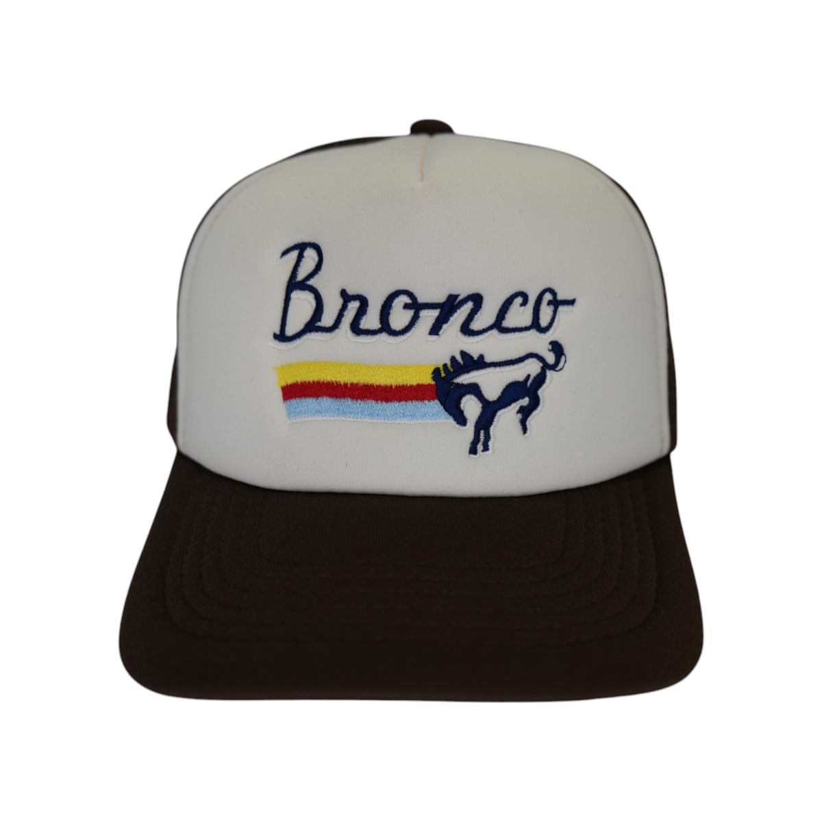 Front-facing dark brown and white Bronco trucker hat with a curved brim and mesh back, featuring “Bronco” embroidered in navy blue, white, yellow, red, and light blue.
