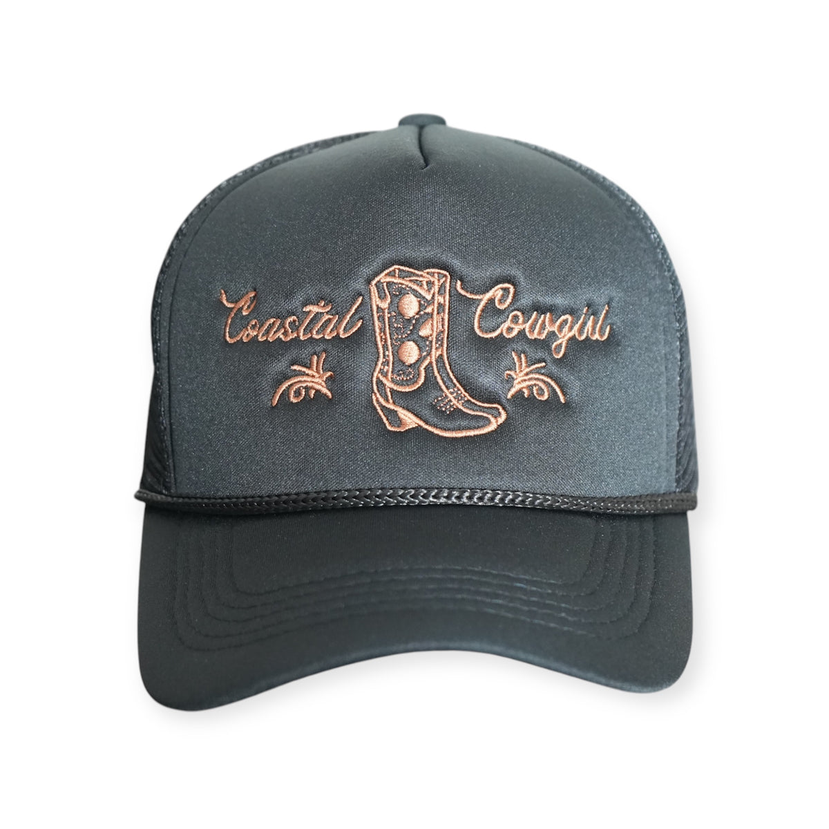 Front-facing Coastal Cowgirl V1 trucker snapback hat in black, featuring “Coastal Cowgirl” and a western boot embroidered in brown.