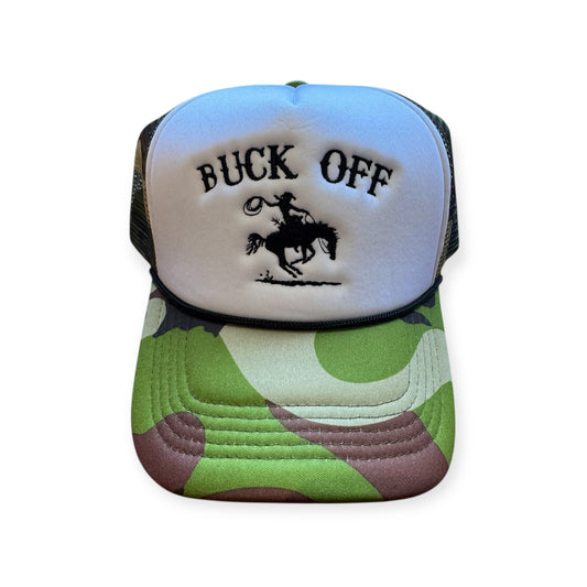 Front-facing Buck Off trucker snapback hat with a white foam front, camo bill and mesh back, featuring “Buck Off” embroidered in black across the front.