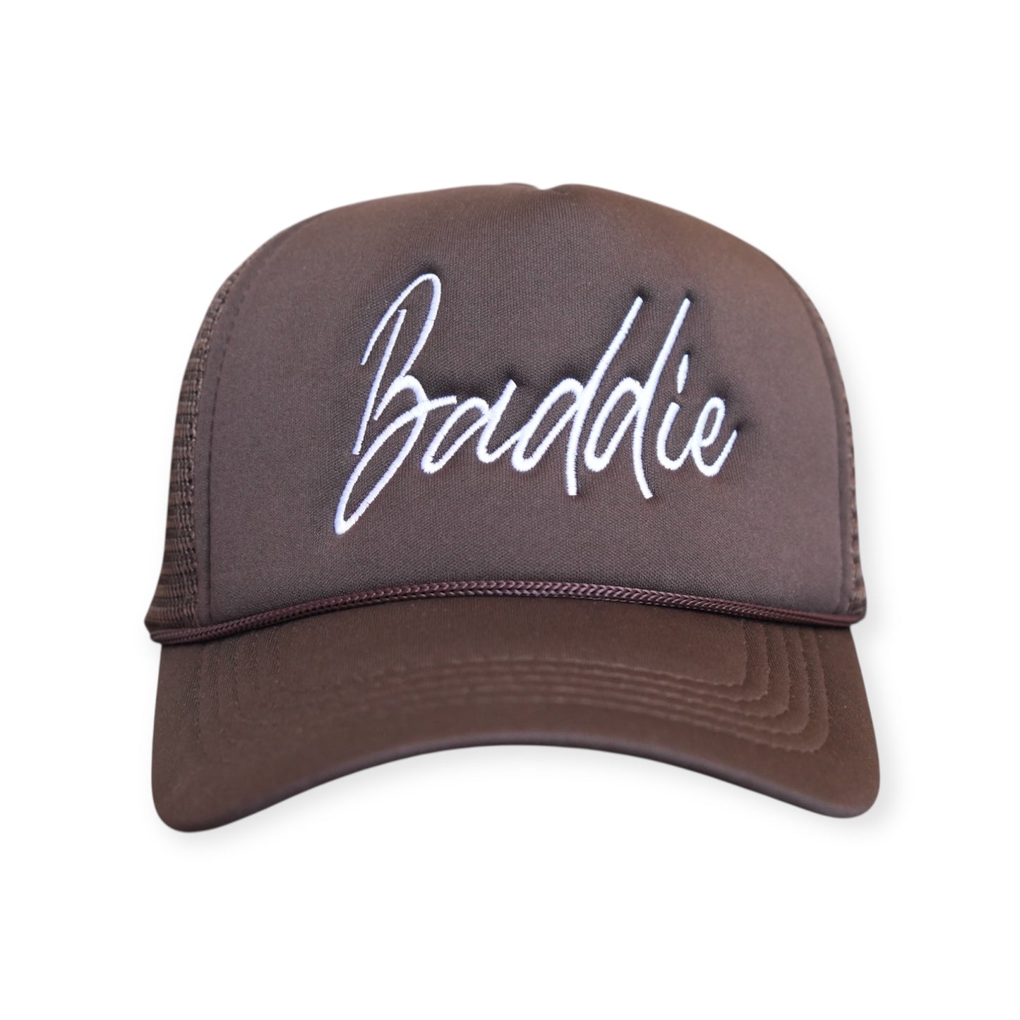 This is a Baddie V1 trucker hat in dark brown with a white embroidered design on the front panel, facing forward.