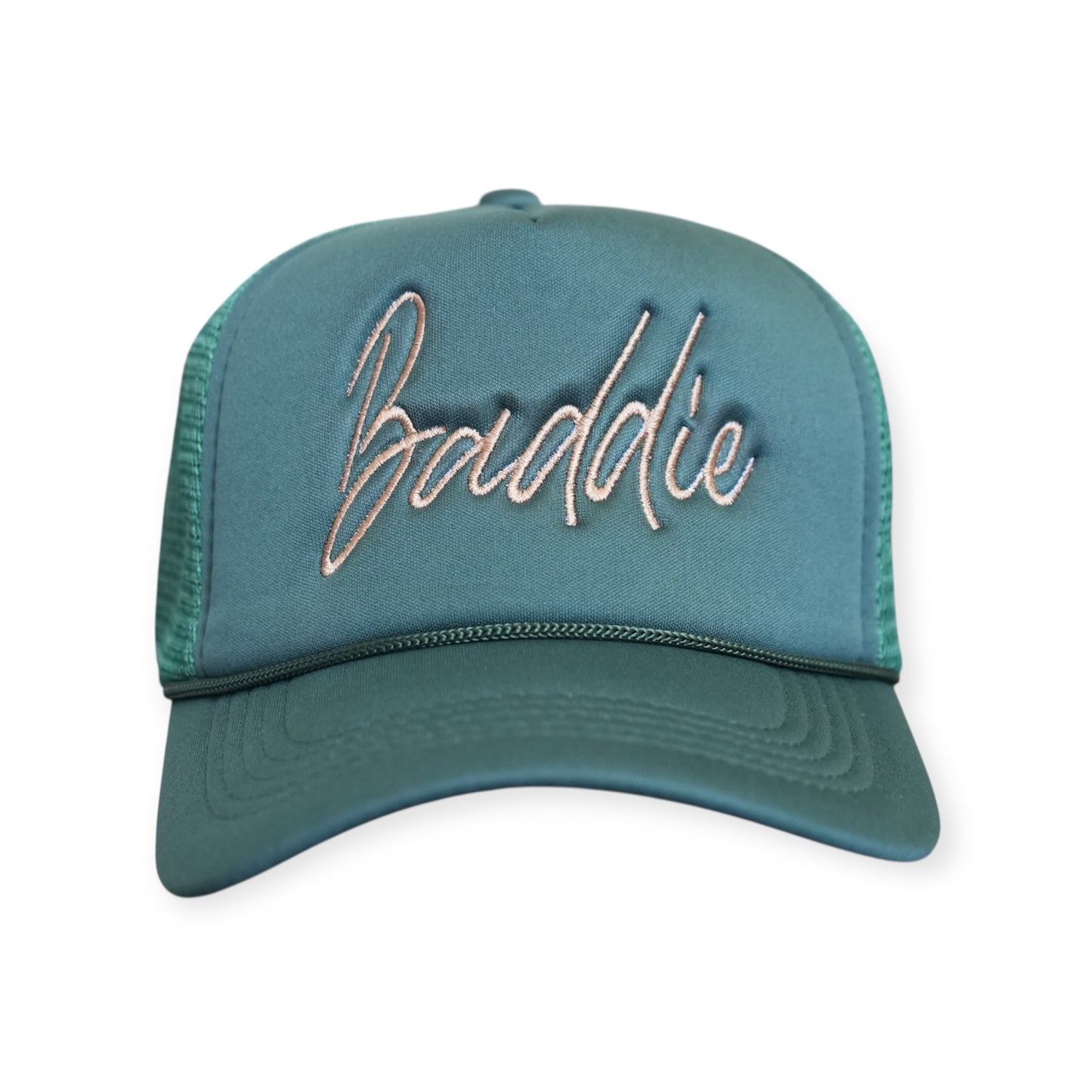 This is a Baddie V1 trucker hat in forest green with a khaki embroidered design on the front panel, facing forward.