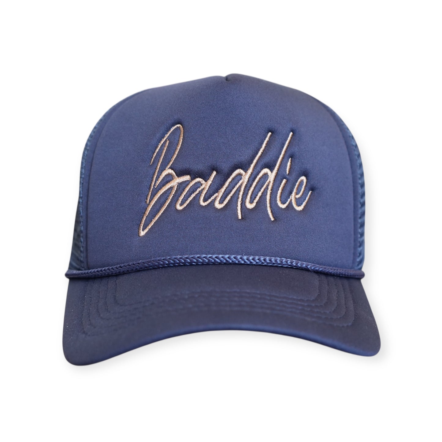 This is a Baddie V1 trucker hat in navy blue with a khaki embroidered design on the front panel, facing forward.
