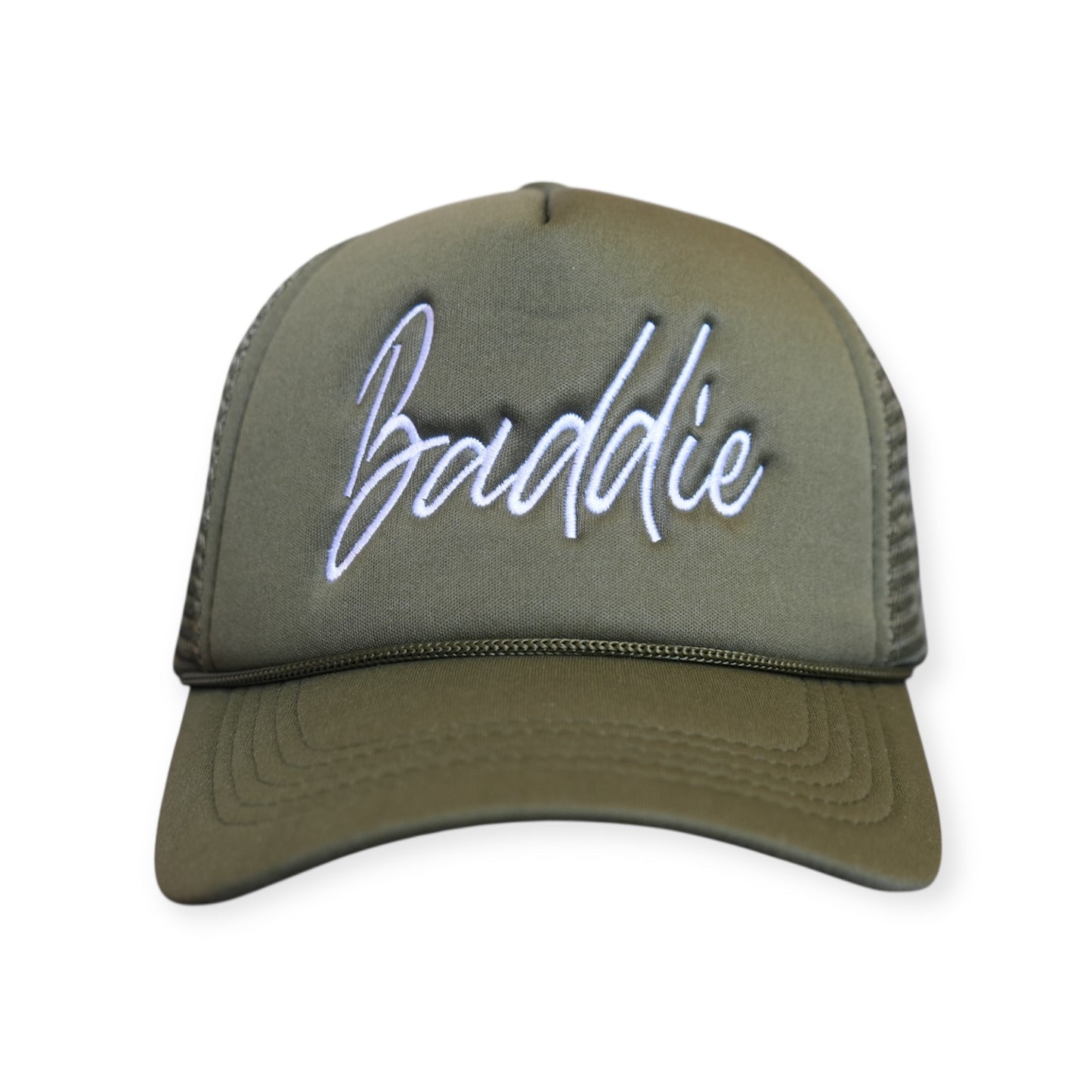 This is a Baddie V1 trucker hat in olive green with a white embroidered design on the front panel, facing forward.