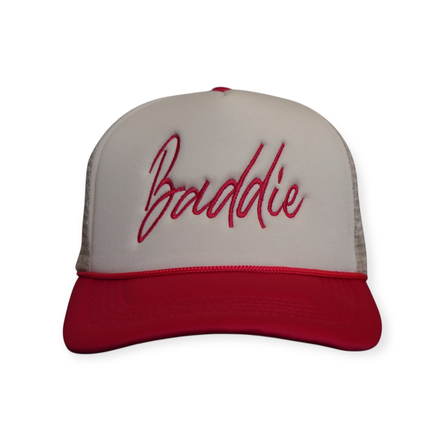 This is a Baddie V1 trucker hat in red beige with a red embroidered design on the front panel, facing forward.
