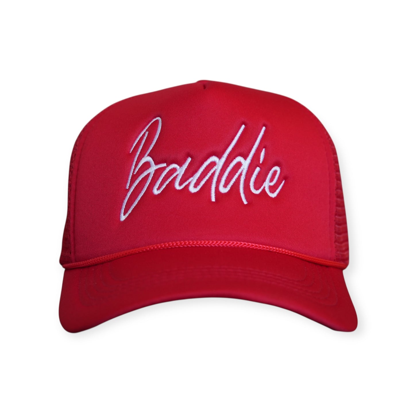 This is a Baddie V1 trucker hat in red with a white embroidered design on the front panel, facing forward.