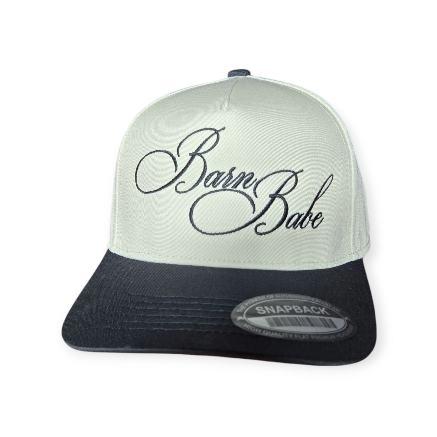 This is a Barn Babe V1 structured hat in black beige with a black embroidered design on the front panel, facing forward.