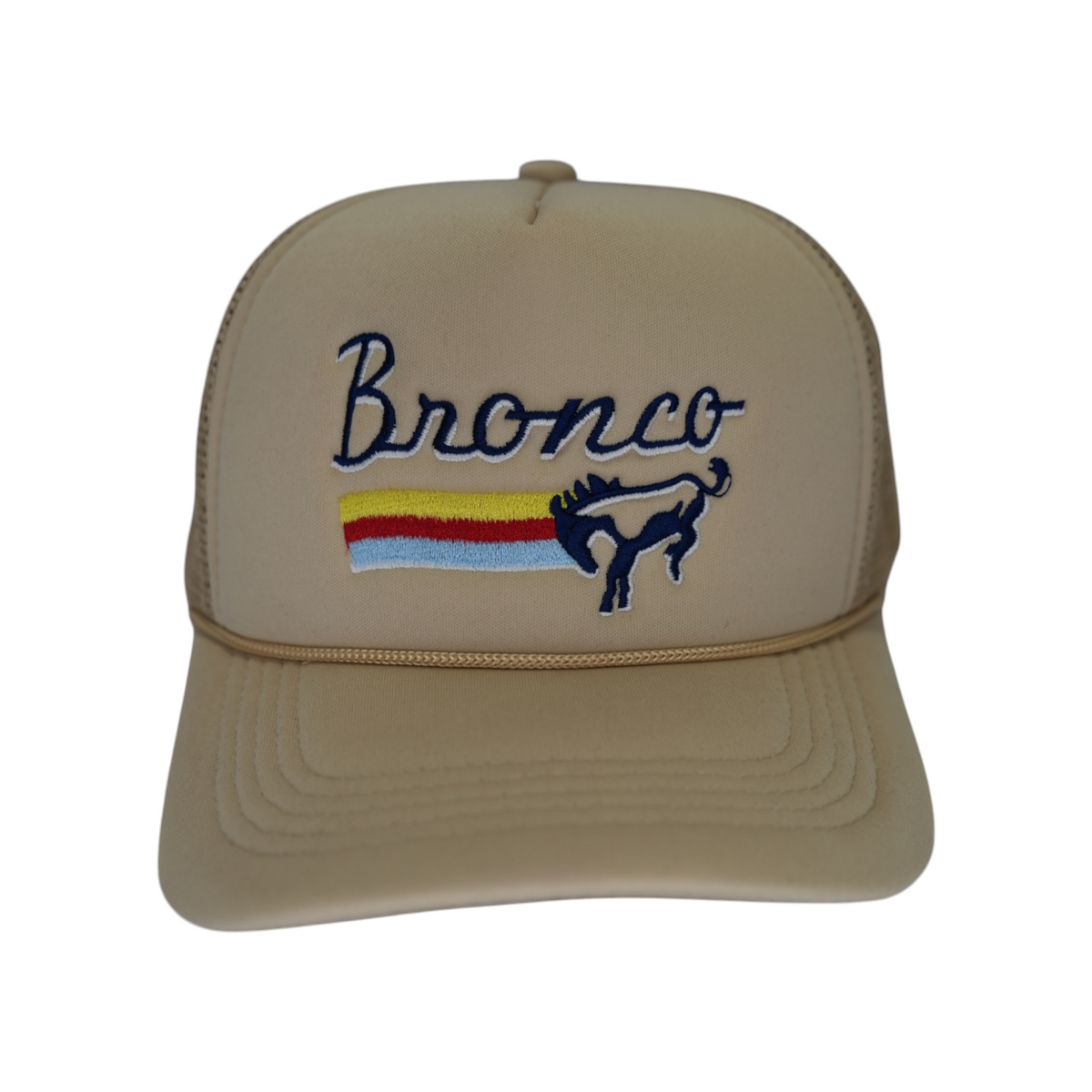 Front-facing beige Bronco trucker hat with a curved brim and mesh back, featuring “Bronco” embroidered in navy blue, white, yellow, red, and light blue.