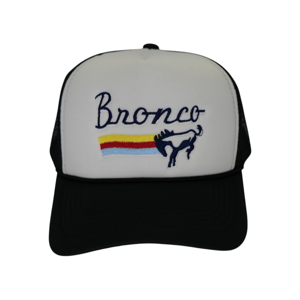 Front-facing black and white Bronco trucker hat with a curved brim and mesh back, featuring “Bronco” embroidered in navy blue, white, yellow, red, and light blue.