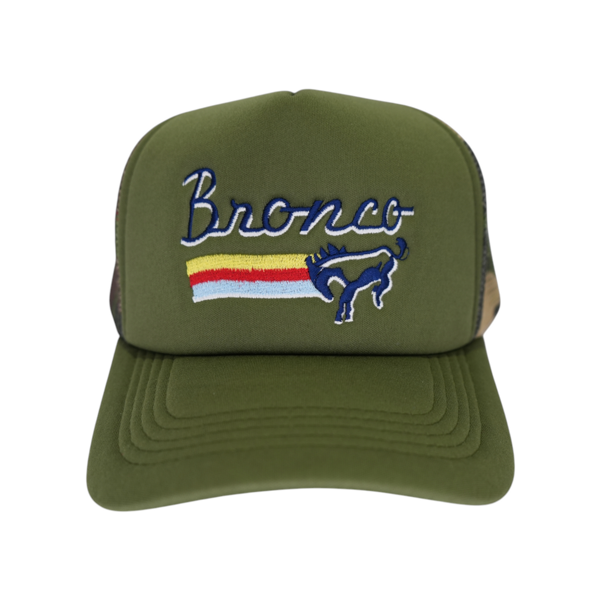 Front-facing olive green Bronco trucker hat with a curved brim and mesh back, featuring “Bronco” embroidered in navy blue, white, yellow, red, and light blue.