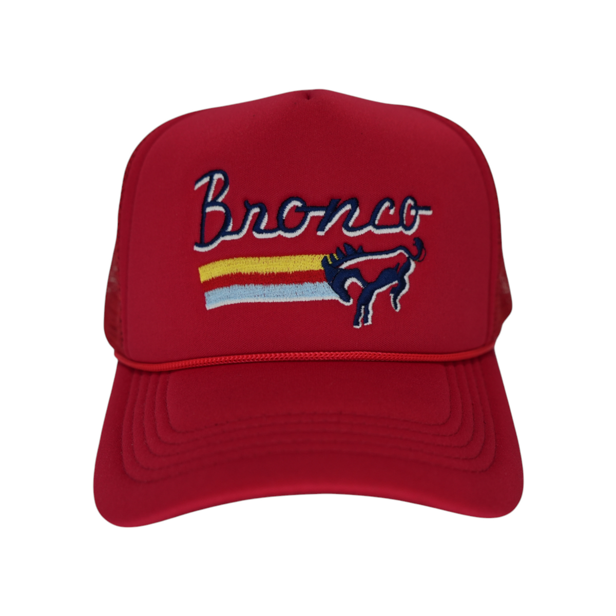 Front-facing red Bronco trucker hat with a curved brim and mesh back, featuring “Bronco” embroidered in navy blue, white, yellow, red, and light blue.
