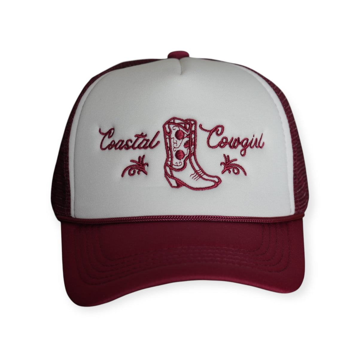 Front-facing Coastal Cowgirl V1 trucker snapback hat with a white front and burgundy bill, featuring “Coastal Cowgirl” and a western boot embroidered in burgundy.