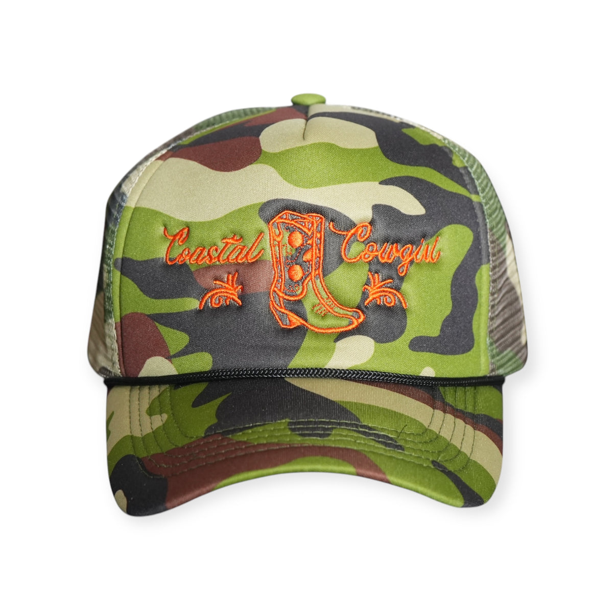 Front-facing Coastal Cowgirl V1 camo trucker snapback hat, featuring “Coastal Cowgirl” and a western boot embroidered in burnt orange.