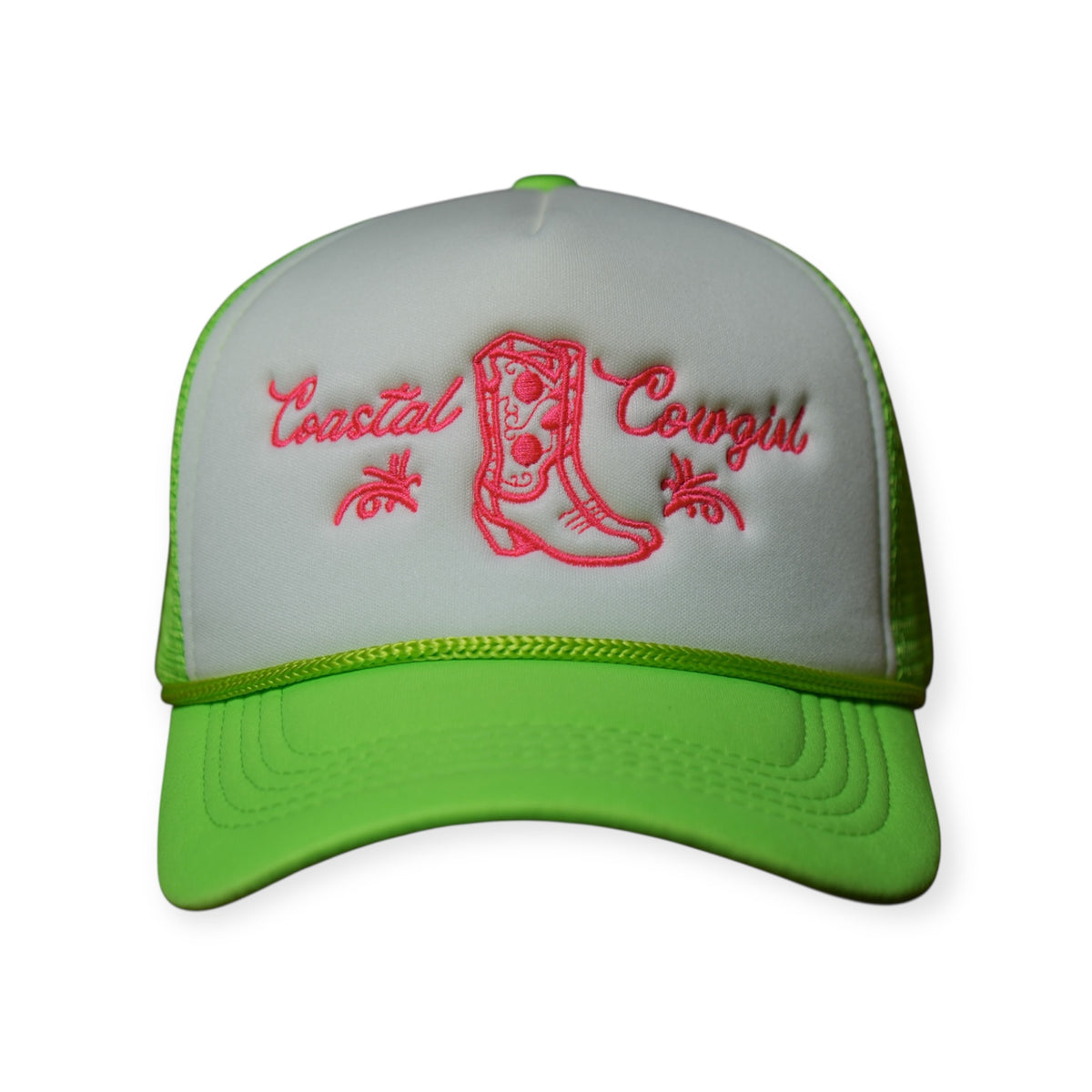 Front-facing Coastal Cowgirl V1 trucker snapback hat with a white front and neon green bill, featuring “Coastal Cowgirl” and a western boot embroidered in neon pink.