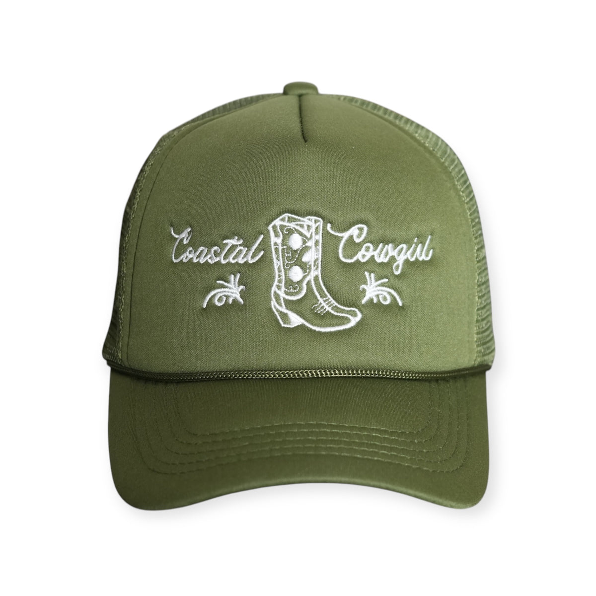 Front-facing Coastal Cowgirl V1 trucker snapback hat in olive green, featuring “Coastal Cowgirl” and a western boot embroidered in white.
