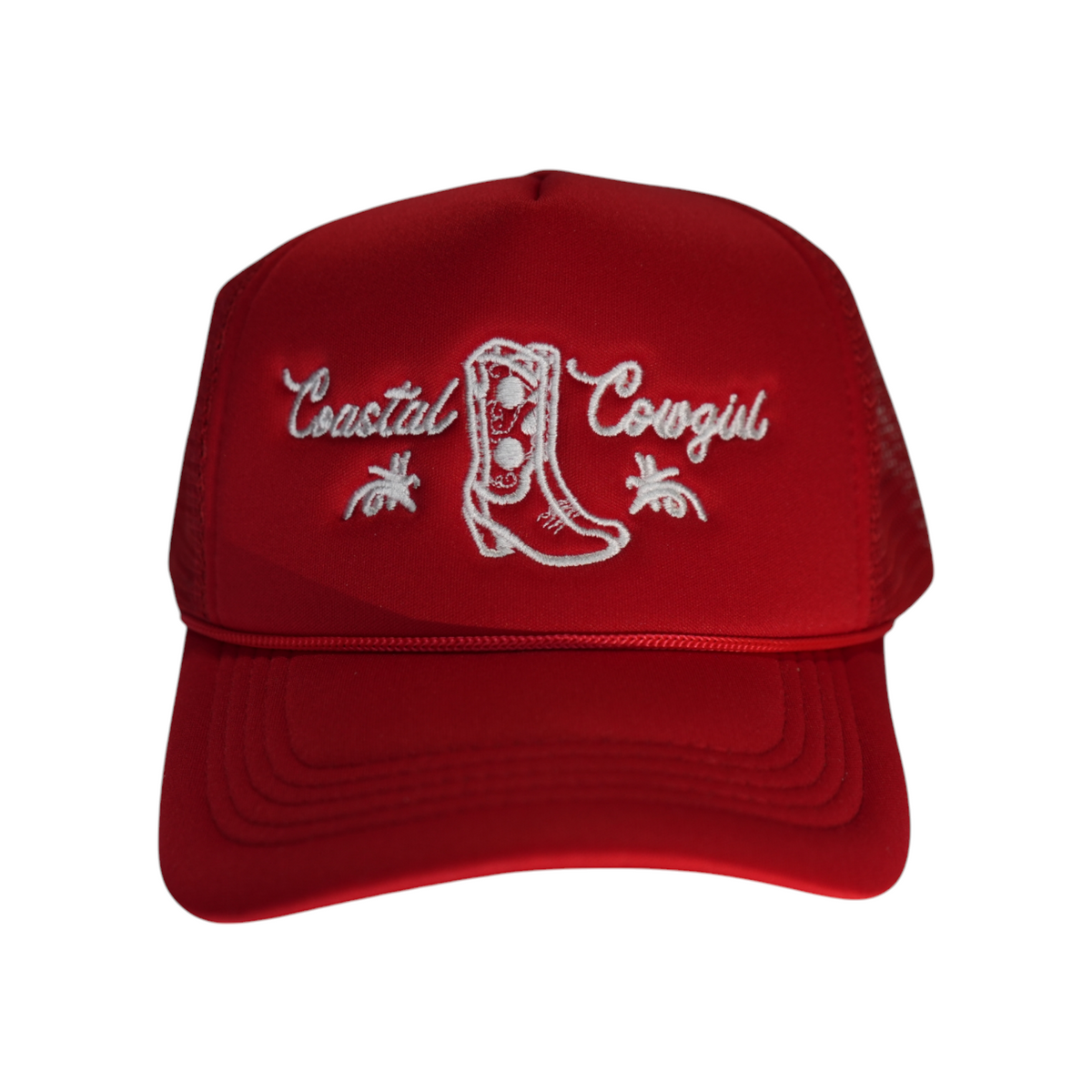 Front-facing Coastal Cowgirl V1 trucker snapback hat in red, featuring “Coastal Cowgirl” and a western boot embroidered in white.