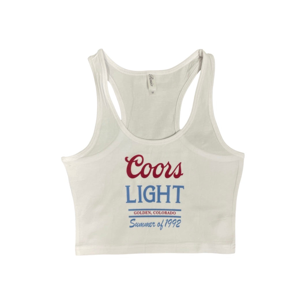 White cropped racerback tank with a red and blue Coors Light Golden, Colorado Summer of 1992 graphic printed across the front.