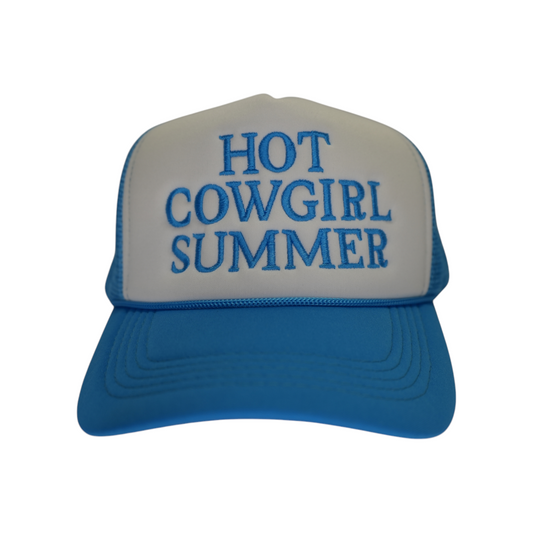 Baby blue and white trucker snapback hat with “HOT COWGIRL SUMMER” embroidered across the front in baby blue thread.