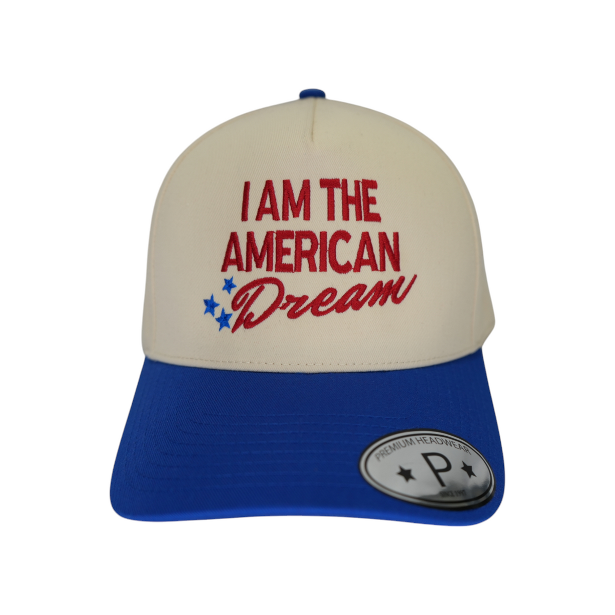 Beige and blue cap with 'I AM THE AMERICAN DREAM' text on a white background